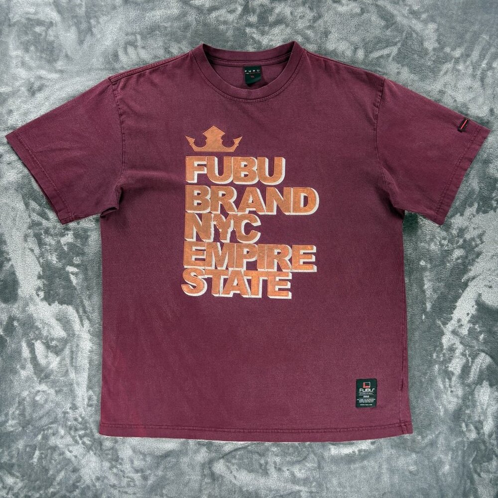 FUBU NYC Empire State Graphic Tee Men XL Maroon Vintage Y2K Streetwear 90s